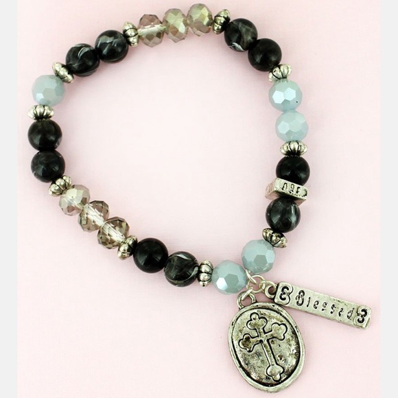Cross&Blessed Charm Black Beaded Bracelet - Picture 1 of 1